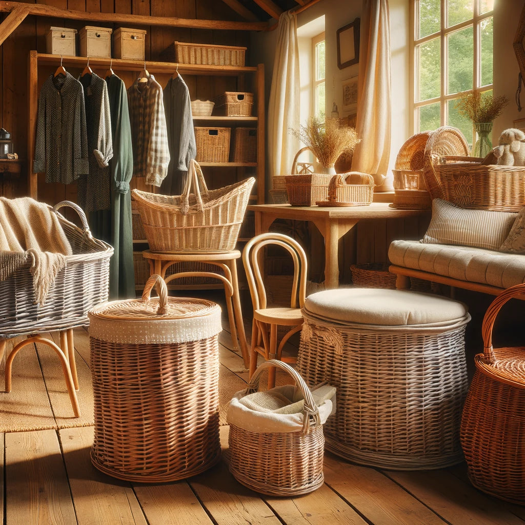 Assorted woven willow and rattan home items including a cozy laundry basket, inviting chairs, and elegant storage baskets in a warm, sunlit country house interior, embodying rustic charm and natural beauty.