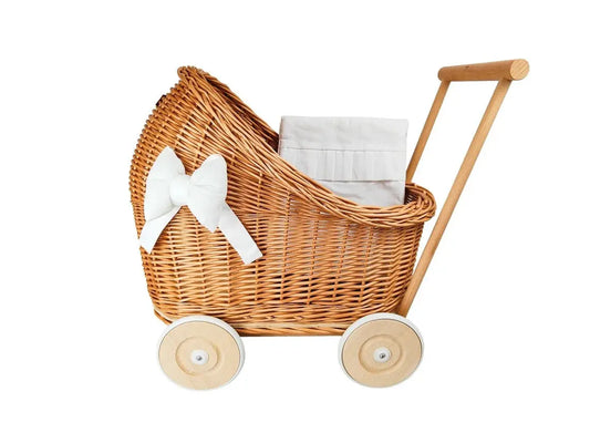 Natural wicker wood doll's pram with bedding Hedgehog Decor
