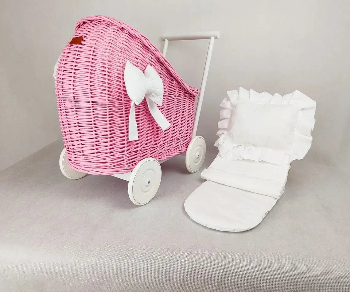 Pink wicker doll trolley Hedgehog Decor