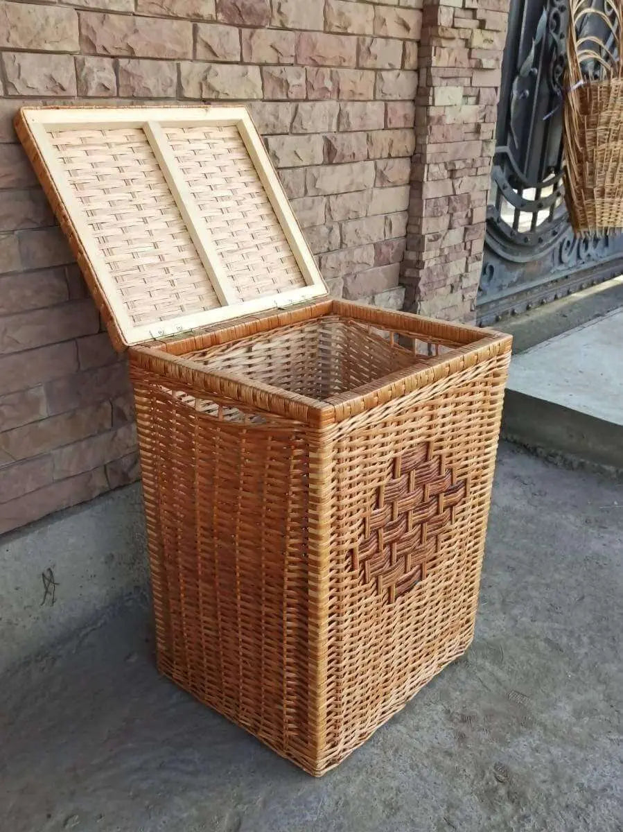 Square Wicker Laundry Basket with Lid - Closed view, showcasing elegant design.