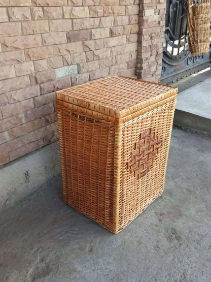 Functional Elegance - Square Wicker Laundry Basket with Lid, top view.