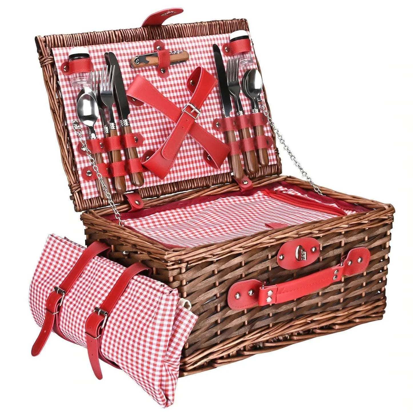 Elegant natural willow picnic basket by Hedgehog Decor, fully equipped for a family outing.