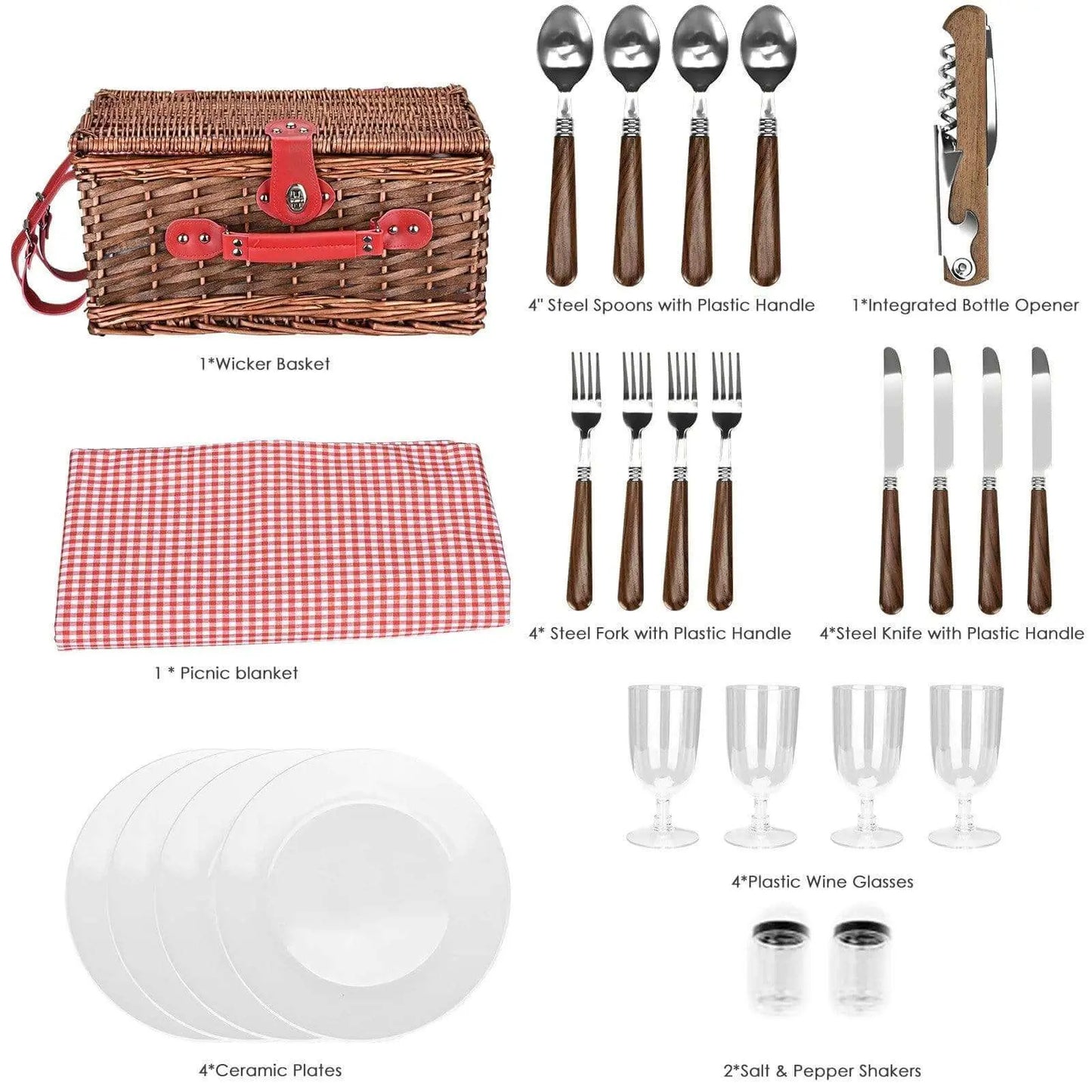 Exquisite set of plates, cutlery, and spice jars included in the Hedgehog Decor picnic basket.